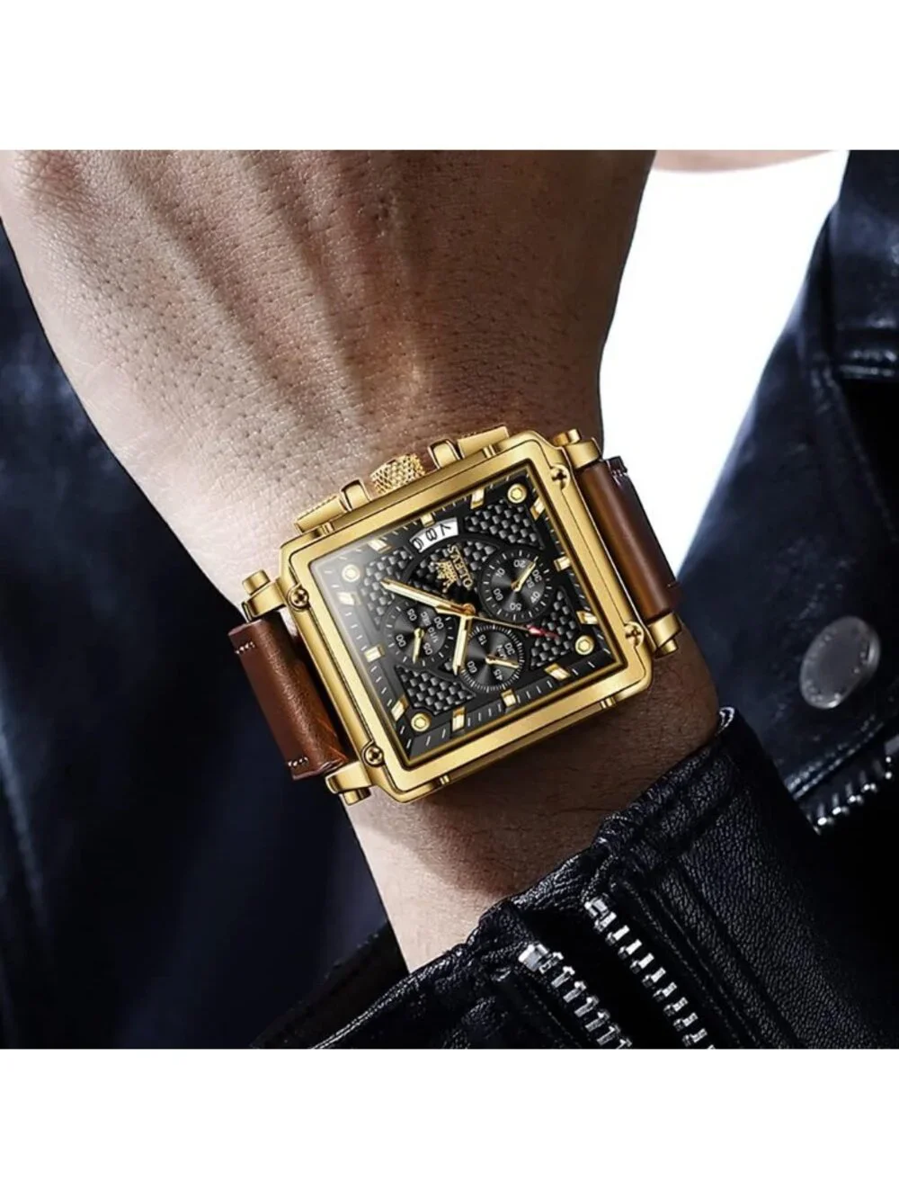 Men's Black Quartz Leather Strap Waterproof Trendy Square Dial Wrist Watch